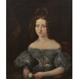 19th century English school Portrait of a young lady, her hair in ringlets, seated in a chair and