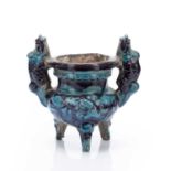 Fahua style censer Chinese, Ming dynasty decorated with a turquoise leaf and flower pattern on the