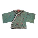 Green silk robe Chinese, 19th Century embroidered with butterflies and flowers to the centre, the