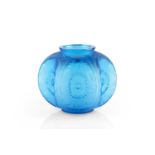 Sabino Anemones pattern vase, circa 1930 blue coloured glass signed 20cm high.Fracture/crack to