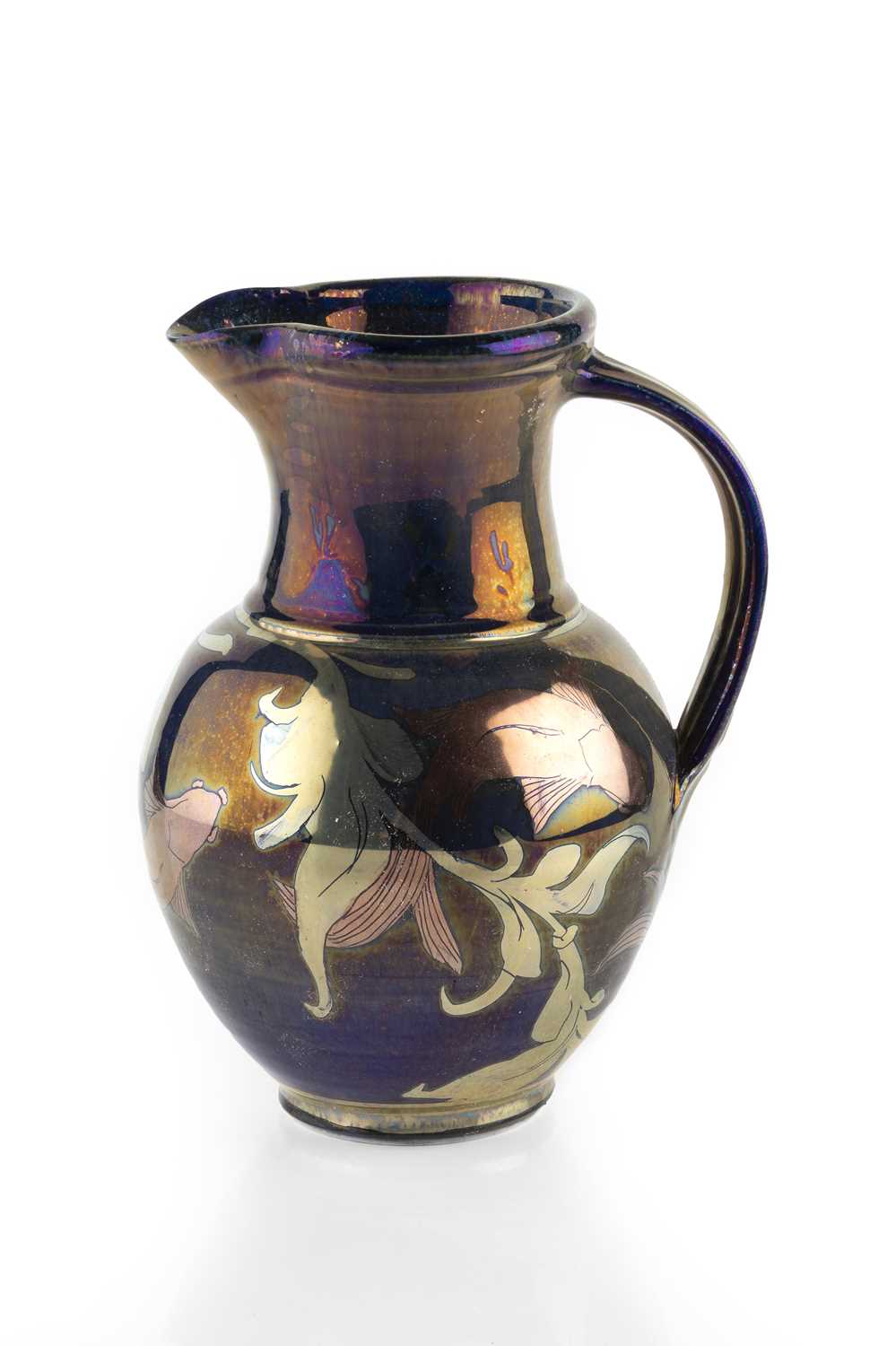 Jonathan Chiswell Jones (b.1944) Jug reduction fired lustre in gold with blue divisions, with fish