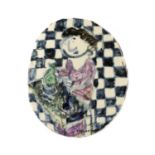 Dora Holzhandler (1928-2015) Potter at the Wheel, 1979 painted ceramic plaque 19 x 16cm.