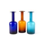 Otto Brauer for Holmgaard Three gulvases blue, turquoise and orange glass each 26cm high (3).Some