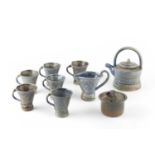 Jane Hamlyn (b.1940) Tea set comprising teapot, six mugs, milk jug, and sugar basin all with blue