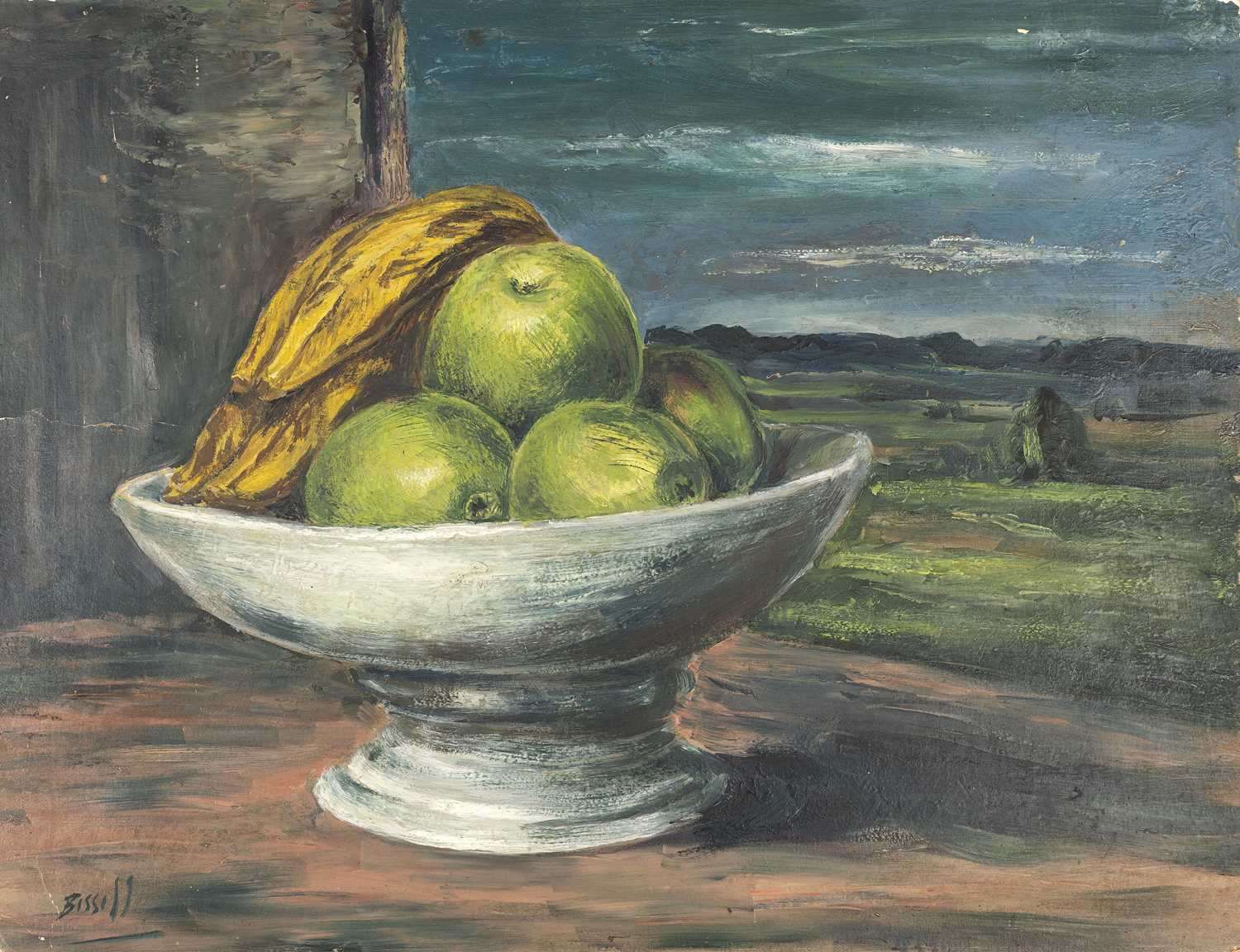 George Bissill (1896-1973) Bowl of Fruit and Landscape signed (lower left) oil on board 38.5 x 49. - Image 3 of 4