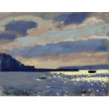 Ken Howard (b.1932) Sunset Newlyn signed (lower left) oil on board 19 x 24cm, unframed.Good