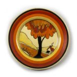 Clarice Cliff Fantasque plate painted with House and Bridge pattern 25cm diameter.Scratches and