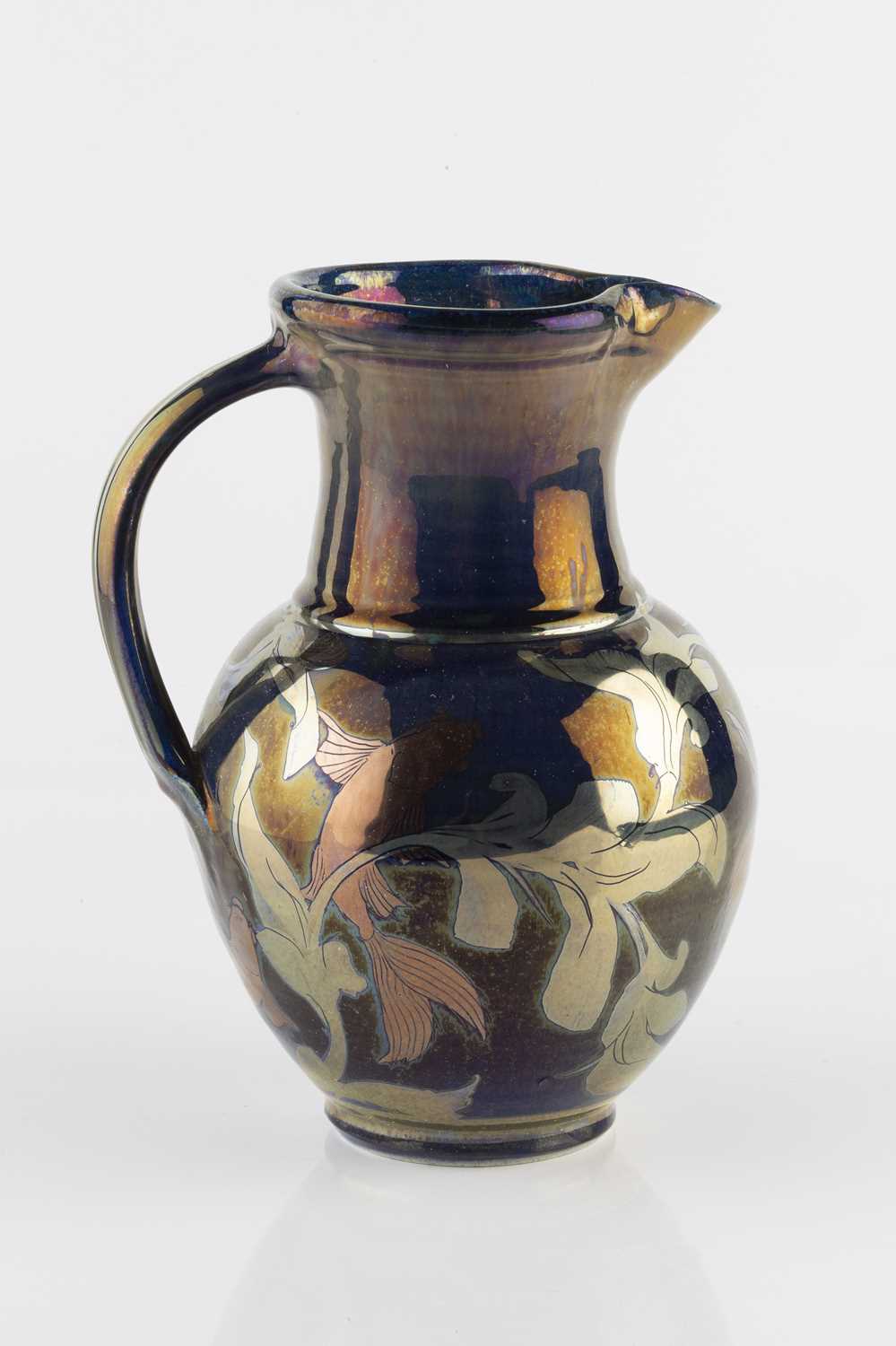 Jonathan Chiswell Jones (b.1944) Jug reduction fired lustre in gold with blue divisions, with fish - Image 2 of 3