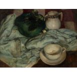 Angela Argent (20th Century) Still Life with Teacup artist's label (to reverse) oil on canvas 22 x
