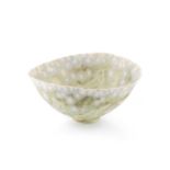 Mary Rogers (b.1929) Footed bowl the pinched rim covered in green speckled glaze impressed potter'