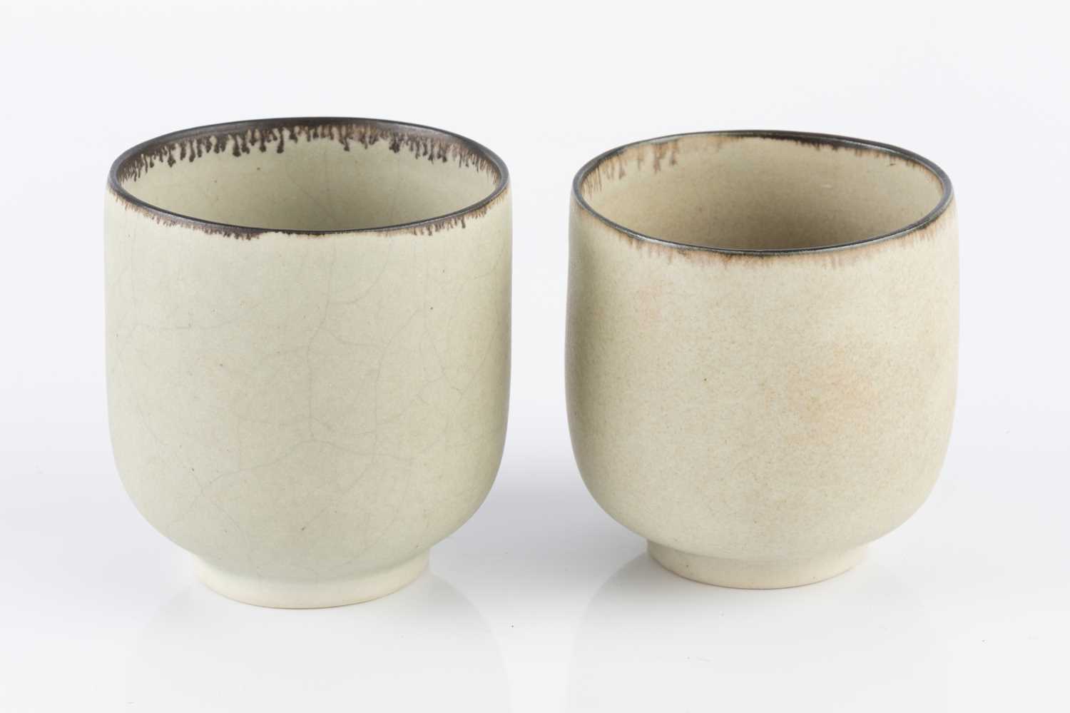 Val Barry (1937-2018) Two yunomi porcelain with manganese rims impressed potter's seals 8cm high ( - Image 2 of 3