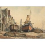 Norman Thomas Janes (1892-1980) Thames-side Wharves at Low Tide signed (lower right) watercolour