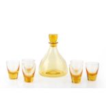 Barnaby Powell for Whitefriars Decanter and six glasses pattern M60, gold amber coloured glass