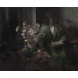 George Weissbort (1928-2015) Lady reading next to flowers, 1990 signed and dated (lower right) oil