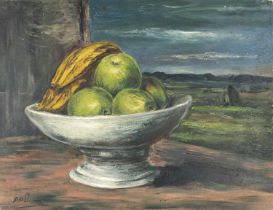 George Bissill (1896-1973) Bowl of Fruit and Landscape signed (lower left) oil on board 38.5 x 49.