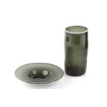 Geoffrey Baxter (1922-1995) for Whitefriars Tubular vase shadow green coloured glass with white