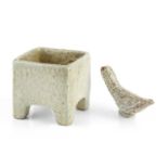 Sarah Walton (b.1945) Footed square pot stoneware with ash glaze impressed potter's seal 13cm