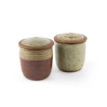 Richard Batterham (1936-2021) Two small lidded jars oatmeal glazes 9.4cm high.Both are in good
