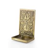 Keswick School Arts & Crafts candleholder embossed brass 22cm high.Dent to front left of tray
