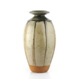 Richard Batterham (1936-2020) Vase ash glaze, the body with raised bands, the neck with green ash