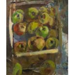 Fred Cuming (b.1930) Apples signed (lower right), titled (to reverse) oil on board 44 x 36cm.