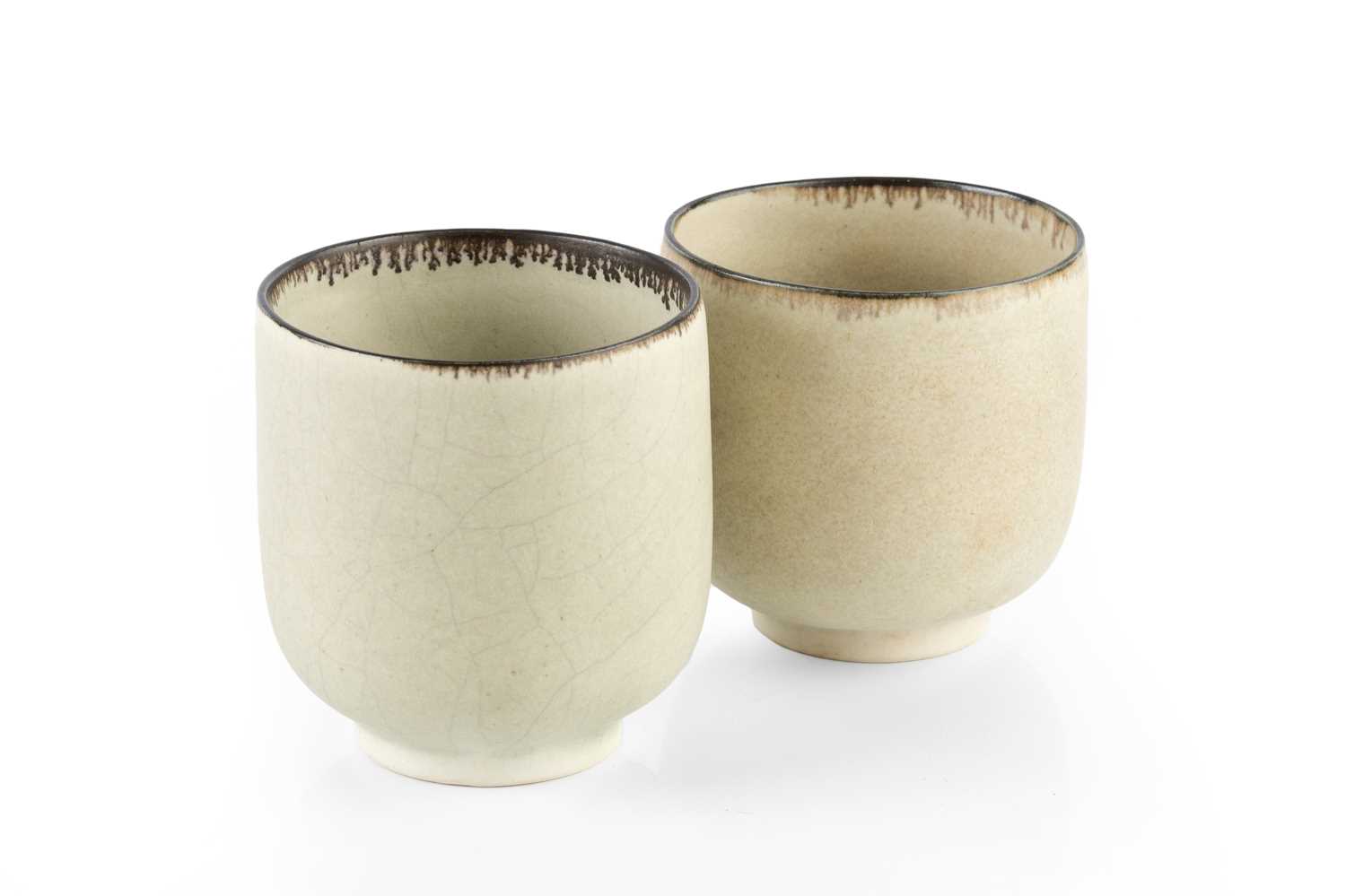 Val Barry (1937-2018) Two yunomi porcelain with manganese rims impressed potter's seals 8cm high (