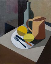 George Bissill (1896-1973) Cubist still life oil on canvas 50 x 40cm.Some possible small signs of