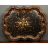 A large Victorian papier mache tray with a shaped edge, mother of pearl and gilded decoration,