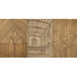 Three sketches depicting cathedral interiors including st marys astbury, the largest 35cm x 49cm