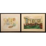 A group of three interior design watercolour and pencil sketches depicting a hotel sitting room,