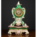 A 19th century continental porcelain mantle clock with hand painted flowers, birds and gilded
