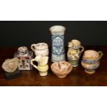 A mixed group of china to include a Dutch delft tea caddy, 9cm wide x 12cm high; a Delft vase,
