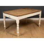 A Victorian pine kitchen table with a single frieze drawer and later painted base 93cm x 137cm x