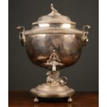 A 19th century silver plated tea urn with lions marks ring handles, 33cm wide x 44cm highSome