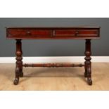 A Victorian mahogany two drawer side table with turned supports, 118cm wide x 48cm deep x 76cm