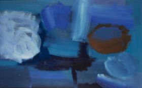 Douglas Wilson (1936-2021) Blue Abstract with Red Bowl oil on canvas 75 x 121cm.