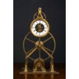 A modern brass great wheel skeleton clock with fusee, in need of restoration, the base 19.5cm