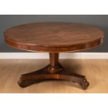 A Victorian rosewood circular snap-top centre or dining table on a octagonal collumned support and