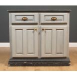 A blue painted pine side cabinet with pair of drawers over a pair of cupboard doors, with brass