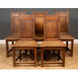 A set of 5 oak panel back chairs on square supports, 51cm wide, 43 cm deep, seat hight 45cm (5)