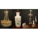 A white Chinese porcelain vase converted to a table lamp, on wooden stand, 53cm high together with a