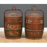 A pair of Chinese painted street vendor or wedding baskets, with three tiers and wooden carrying