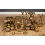 A collection of brass lamps and ornaments to include a hanging oil lamp with cockerel finial, 46cm