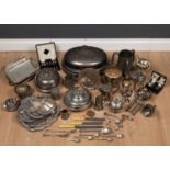 A box of silverplate and metal ware to include a large food cover, various indian white metal bowls,