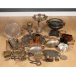 A collection of metalware to include silver plated serving dishes, a silver plated salver, a