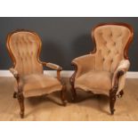 Two similar Vicotrian mahogany framed armchairs with button back upholstery, one larger than the