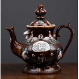 A Victorian barge ware teapot, marked "Hetty Siddons 1887", 34cm wide, 32cm highSmall chip to the