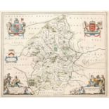 Blaeu Staffordshire, engraving with decorative figural title cartouche and coat of arms, hand-