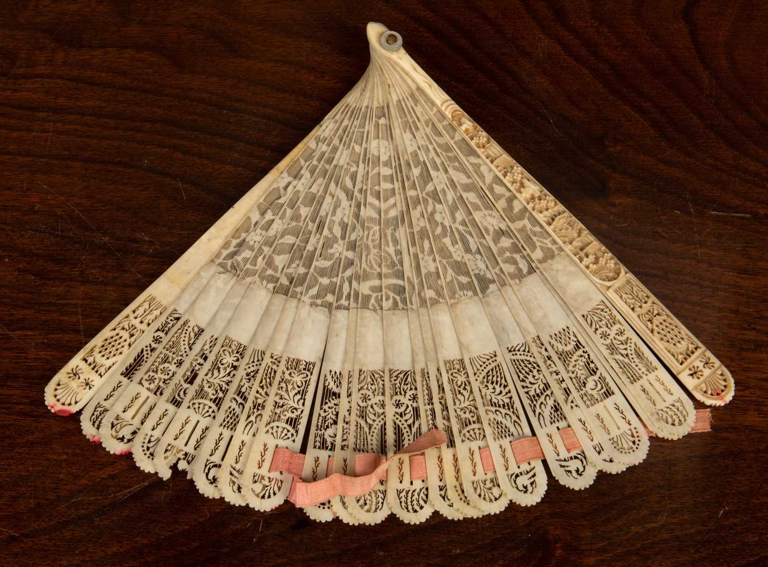 A 19th Century Chinese Carved Ivory fan 17cm in length2 strips with some damage, silk joining thread - Image 2 of 3
