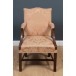 A Georgian style mahogany upholstered open armchair, 54cm wide, 52cm deep, 44cm high at the seat,